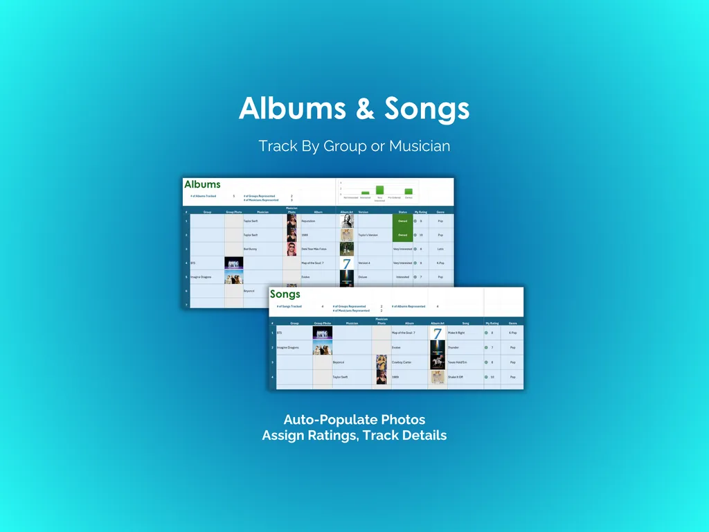 Music Tracker - Excel - Albums and Songs