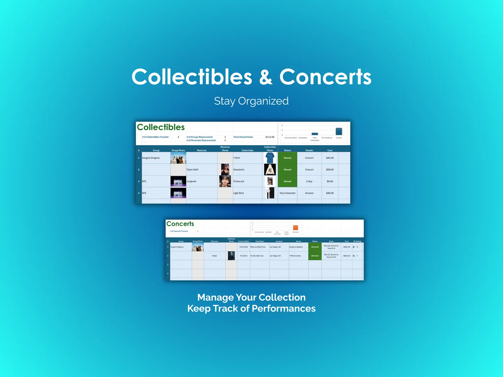 Music Tracker - Excel - Collectibles and Concerts