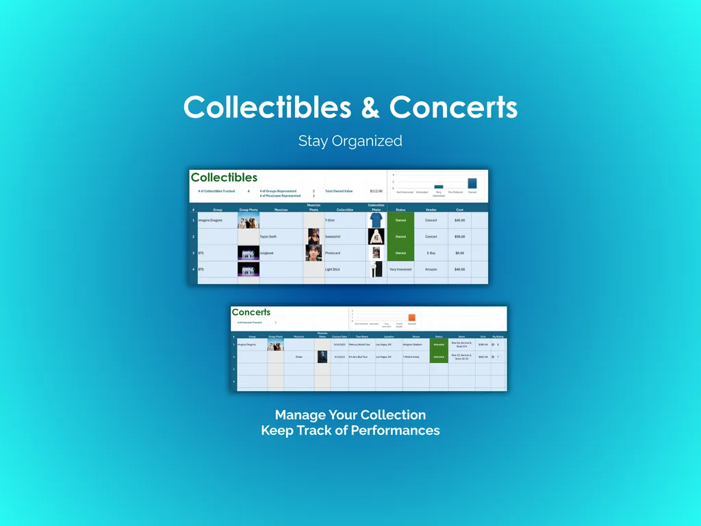 Music Tracker - Excel - Collectibles and Concerts