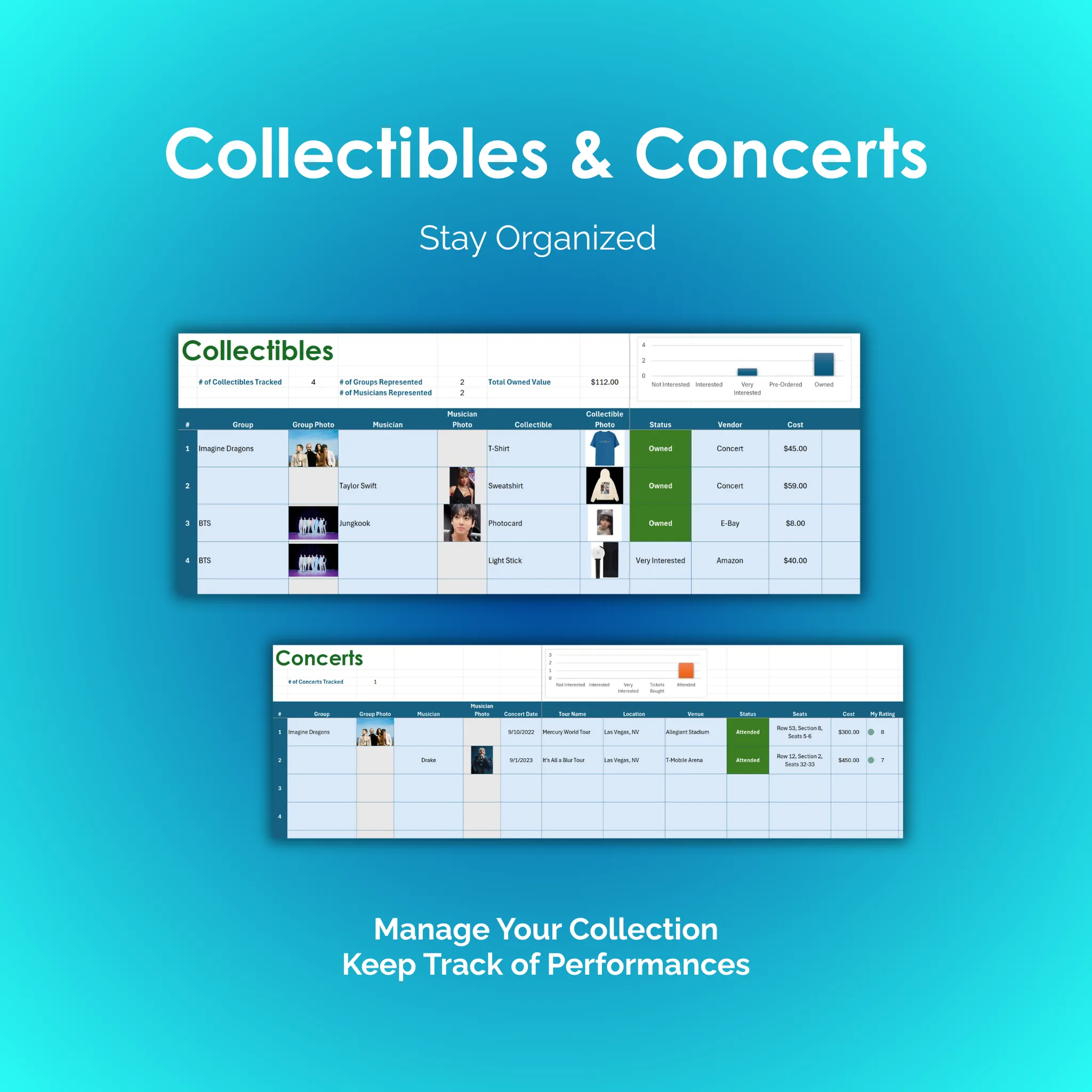 Music Tracker - Excel - Collectibles and Concerts
