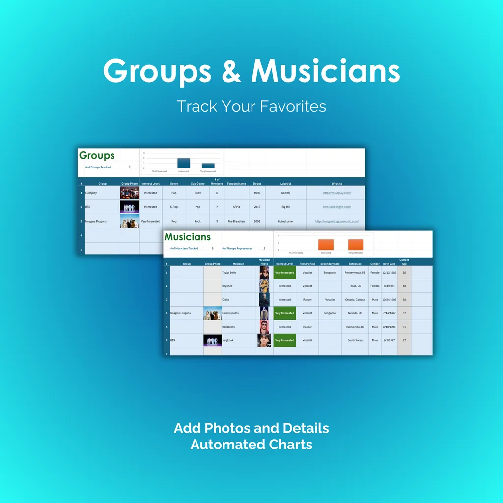 Music Tracker - Excel - Groups and Musicians