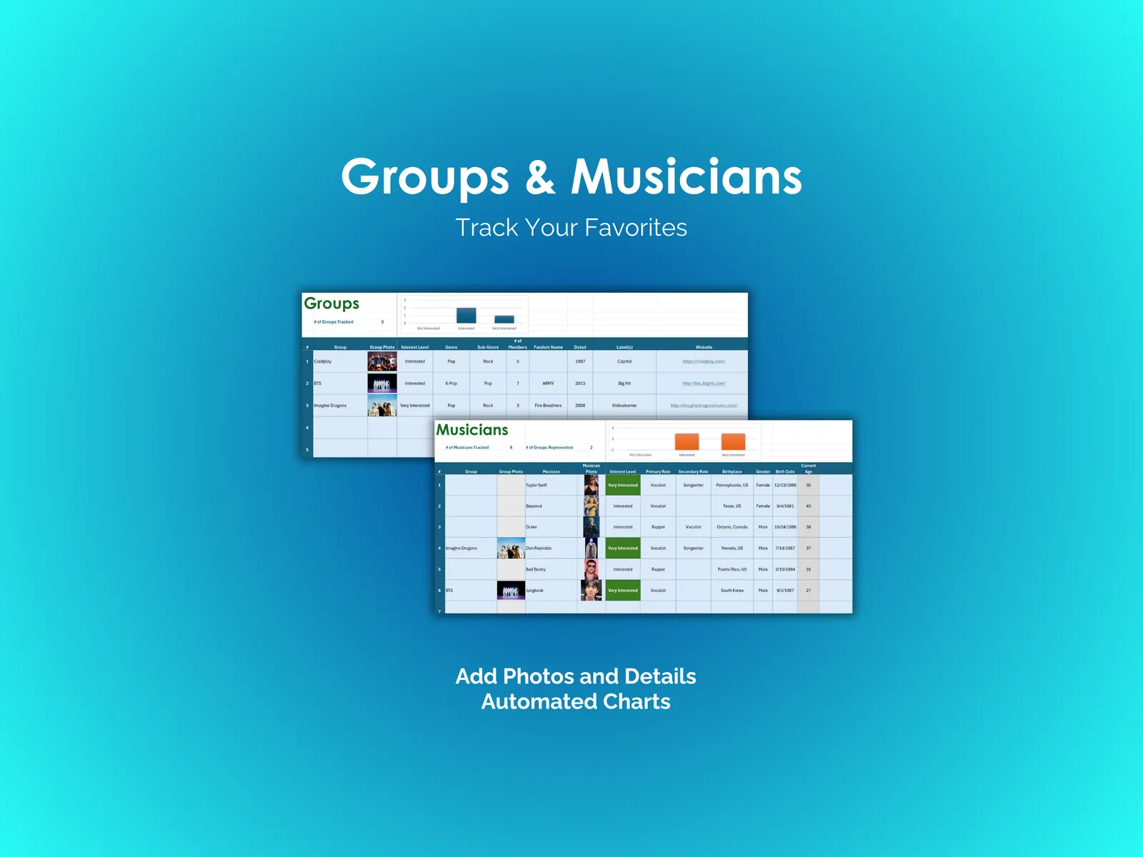 Music Tracker - Excel - Groups and Musicians