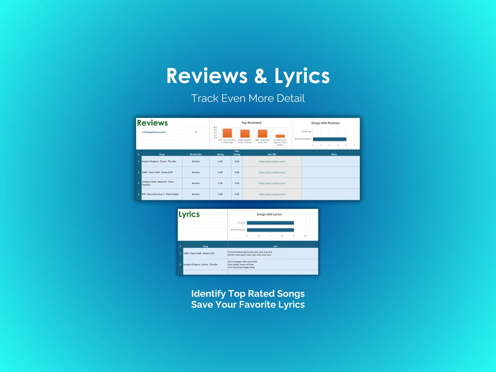 Music Tracker - Excel - Reviews and Lyrics