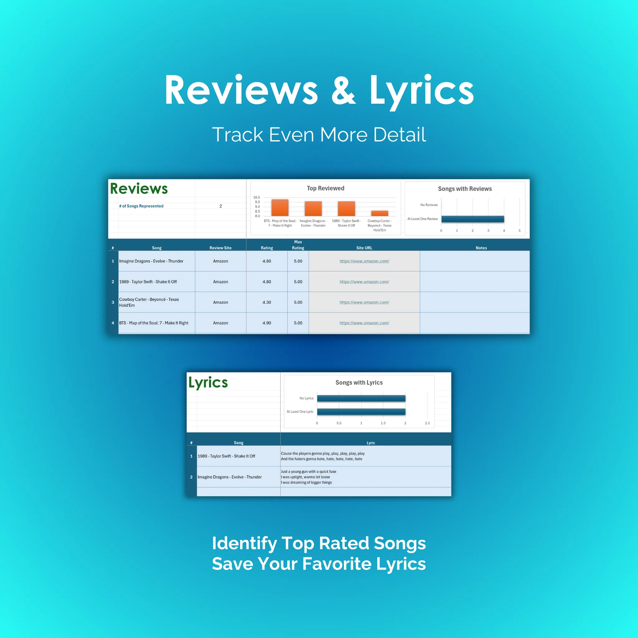 Music Tracker - Excel - Reviews and Lyrics