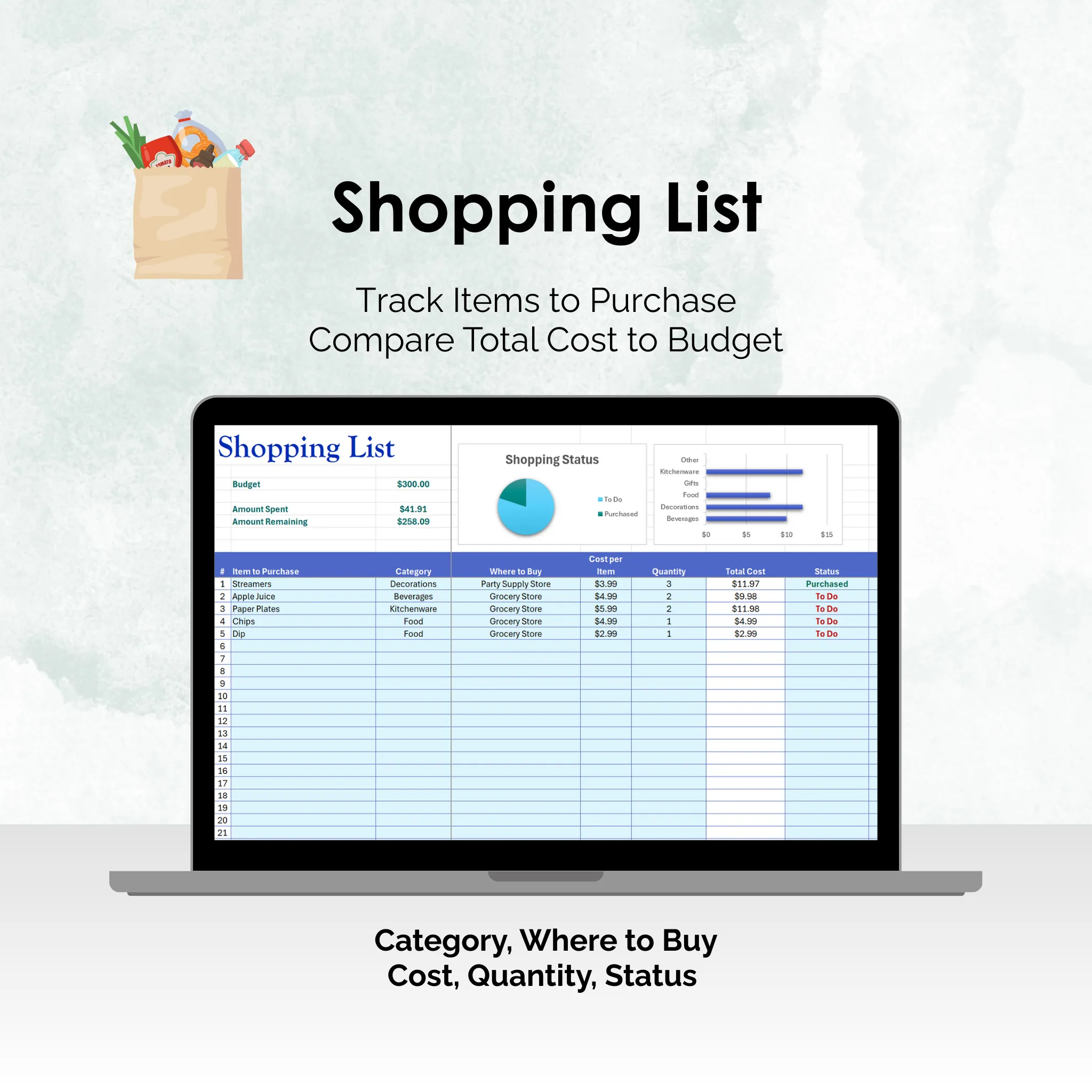 Party Planner - Excel - Shopping List