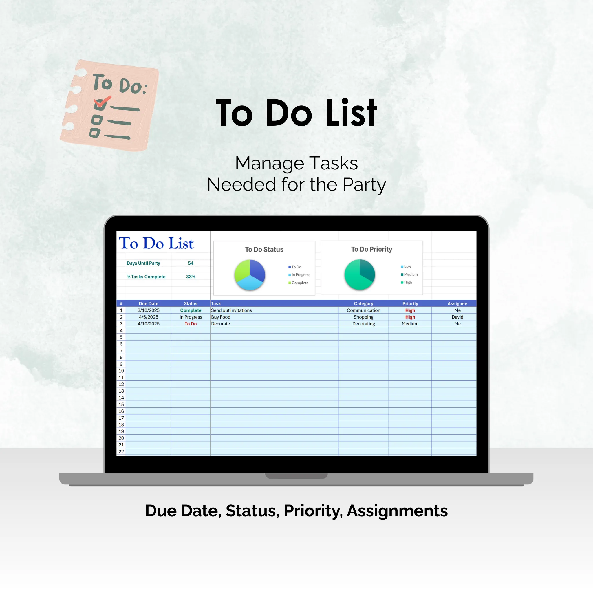 Party Planner - Excel - To Do List
