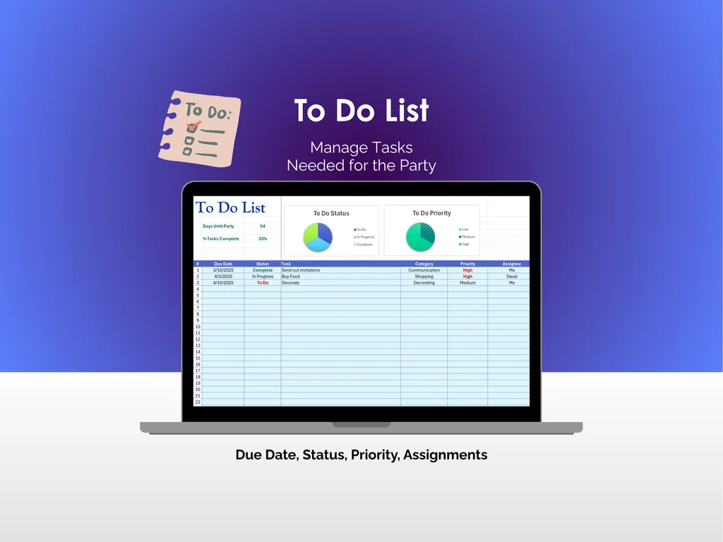 Party Planner - Excel - To Do List