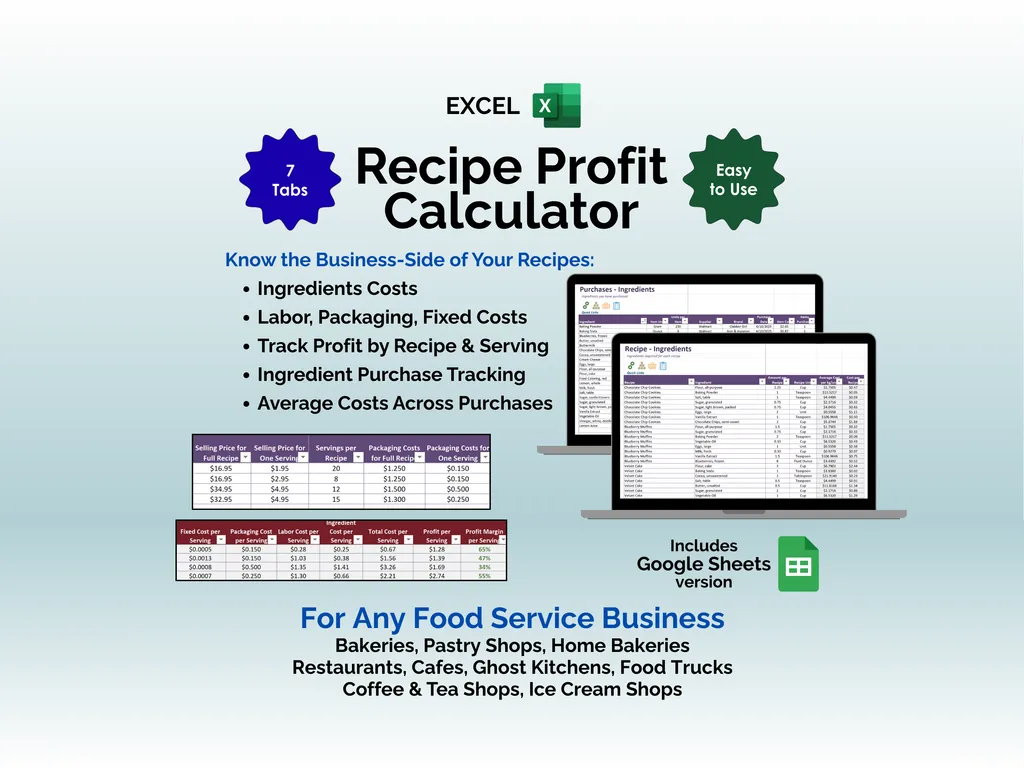 Recipe Profit Calculator - Excel - Calculate recipe costs and profit margins