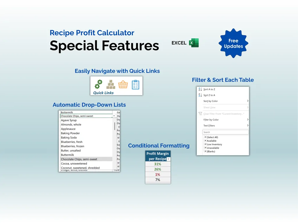 Recipe Profit Calculator - Excel - Special Features