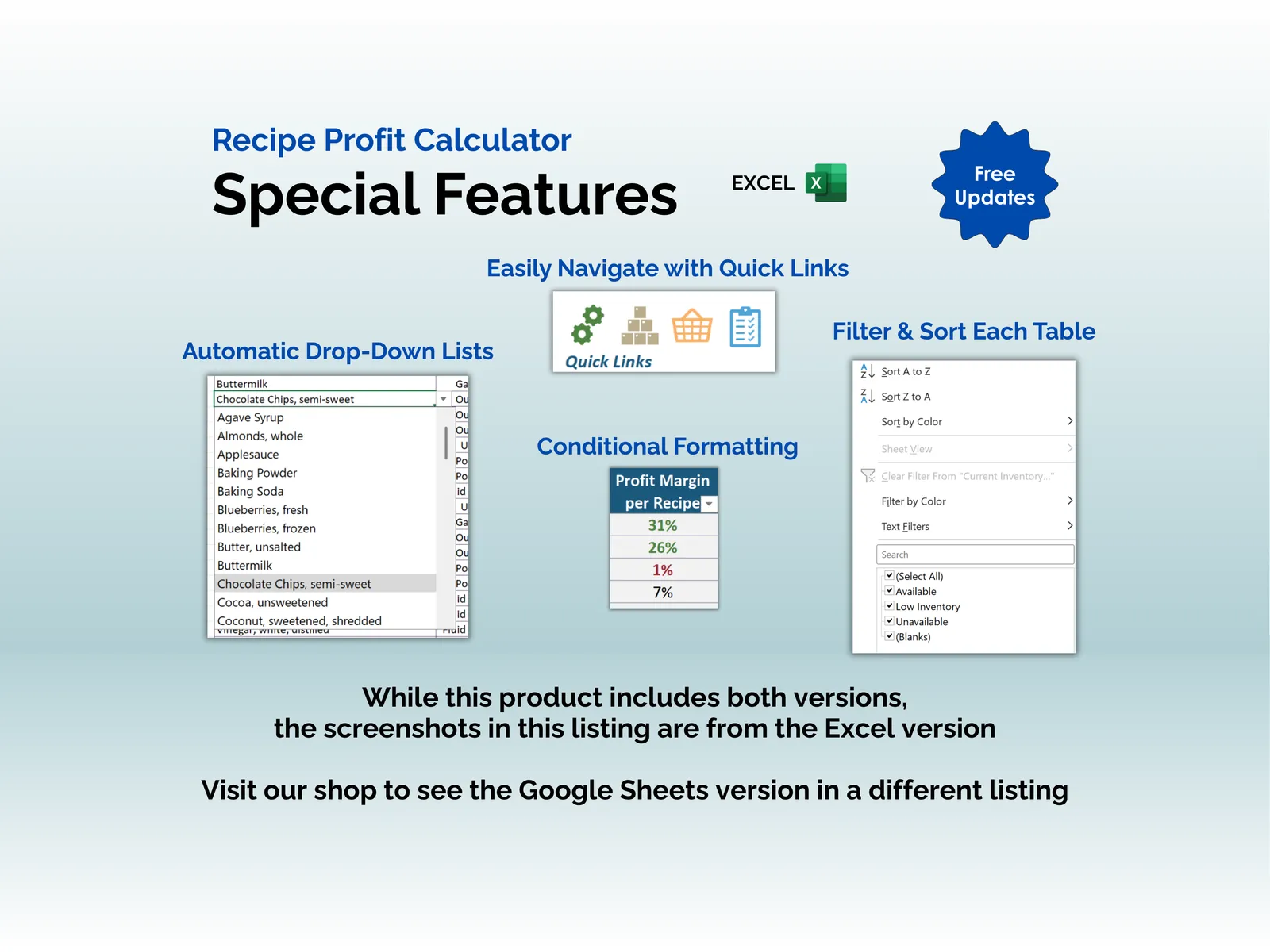 Recipe Profit Calculator - Excel - Special Features