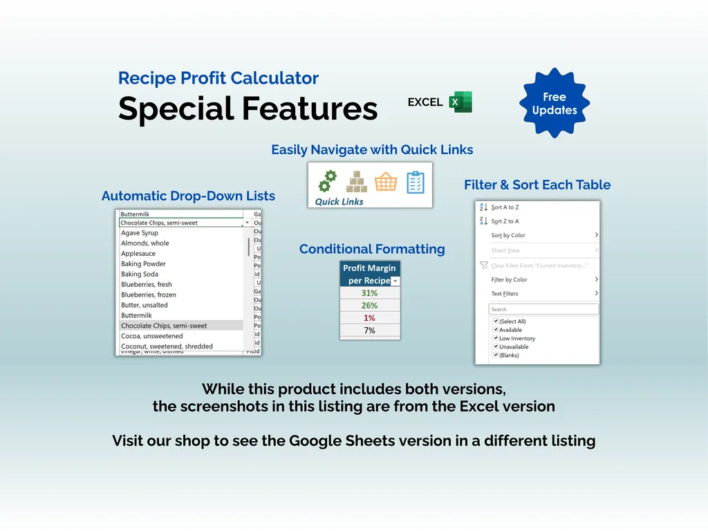 Recipe Profit Calculator - Excel - Special Features