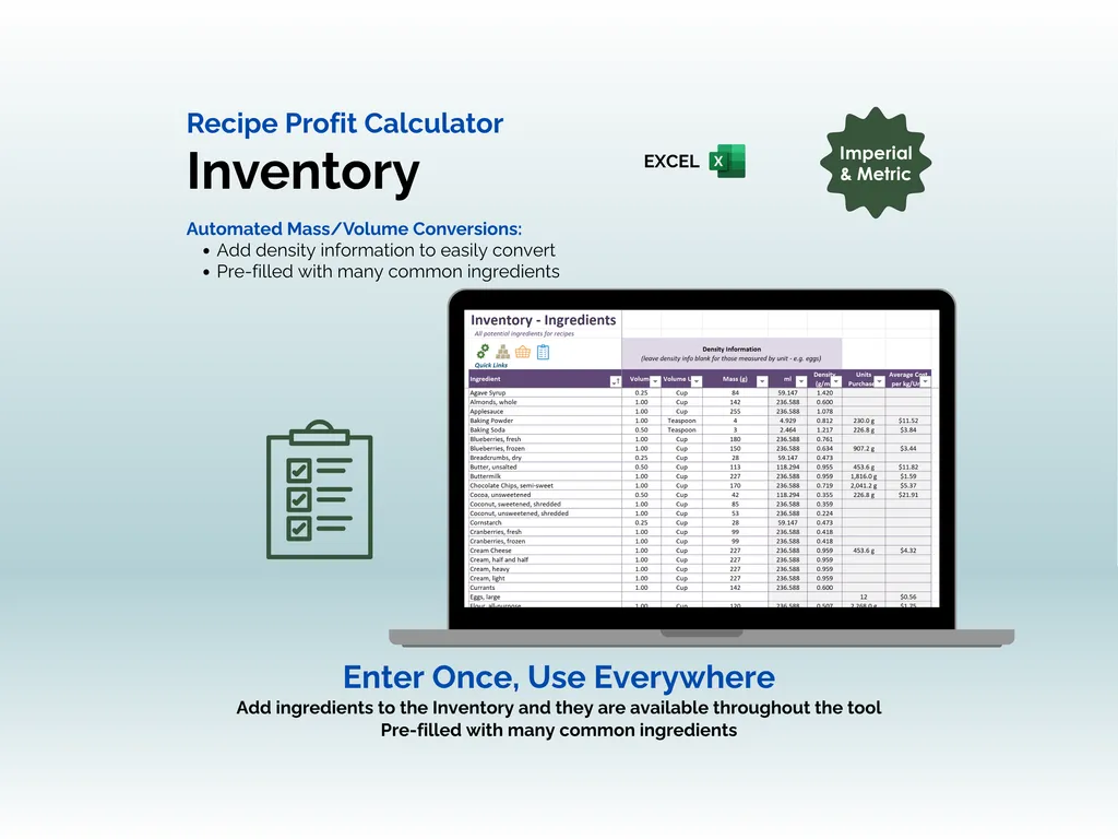 Recipe Profit Calculator - Excel - Inventory