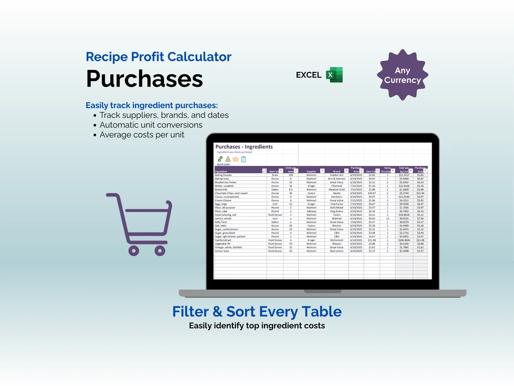 Recipe Profit Calculator - Excel - Purchases
