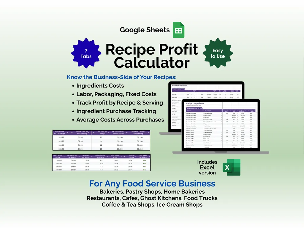 Recipe Profit Calculator - Sheets - Calculate recipe costs and profit margins