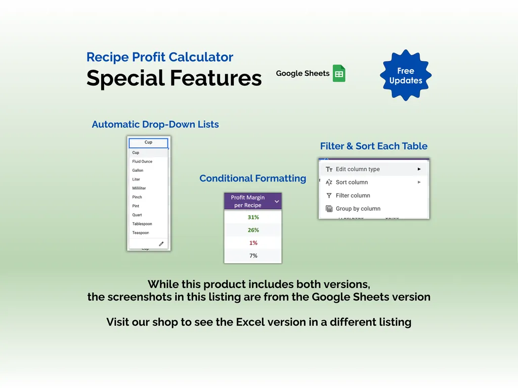 Recipe Profit Calculator - Sheets - Special Features