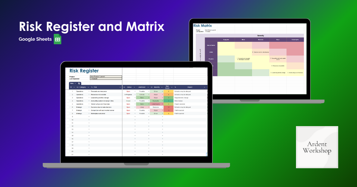 Risk Register and Risk Matrix - Google Sheets | Ardent Workshop