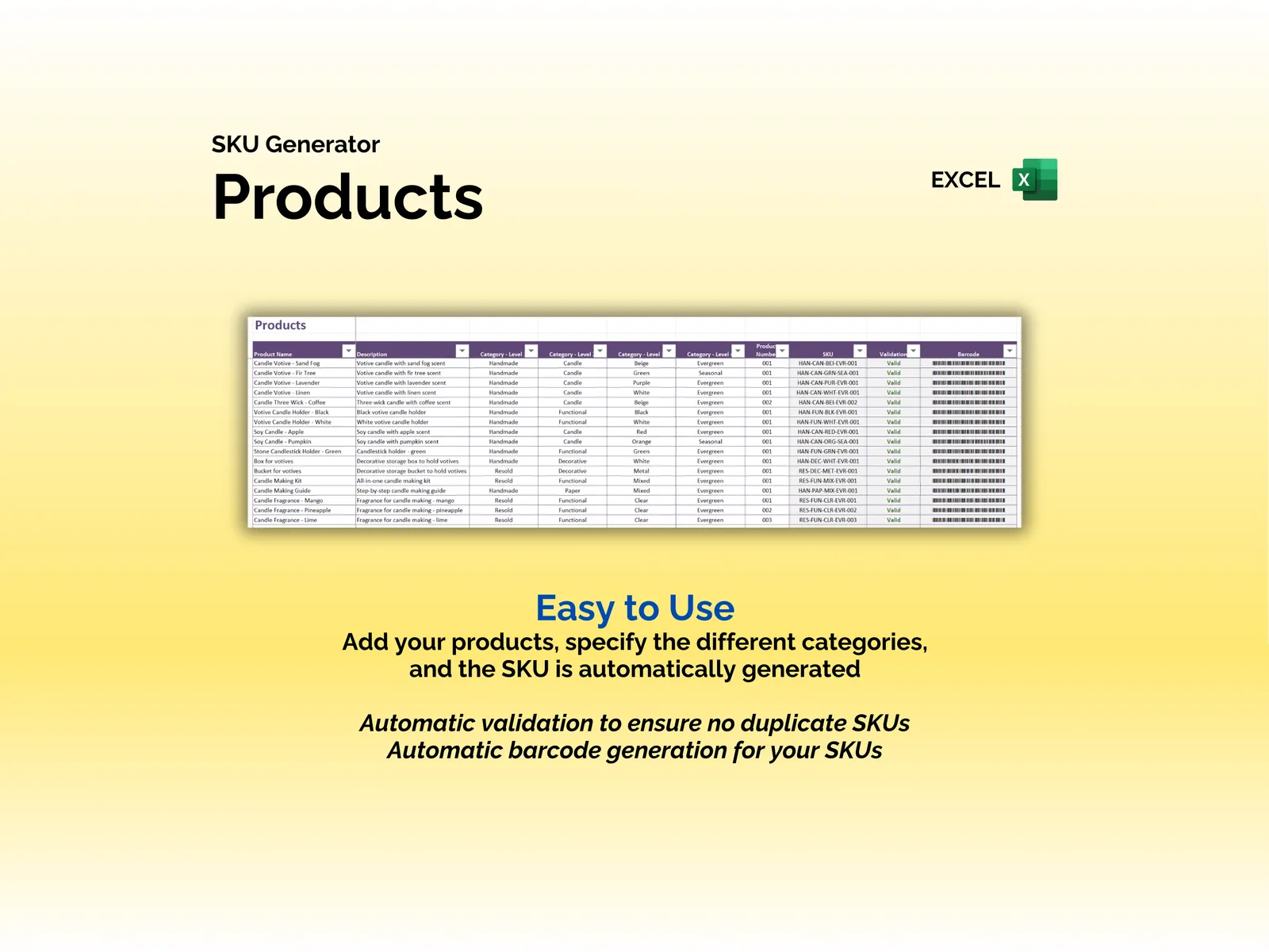 SKU Generator - Excel - Products