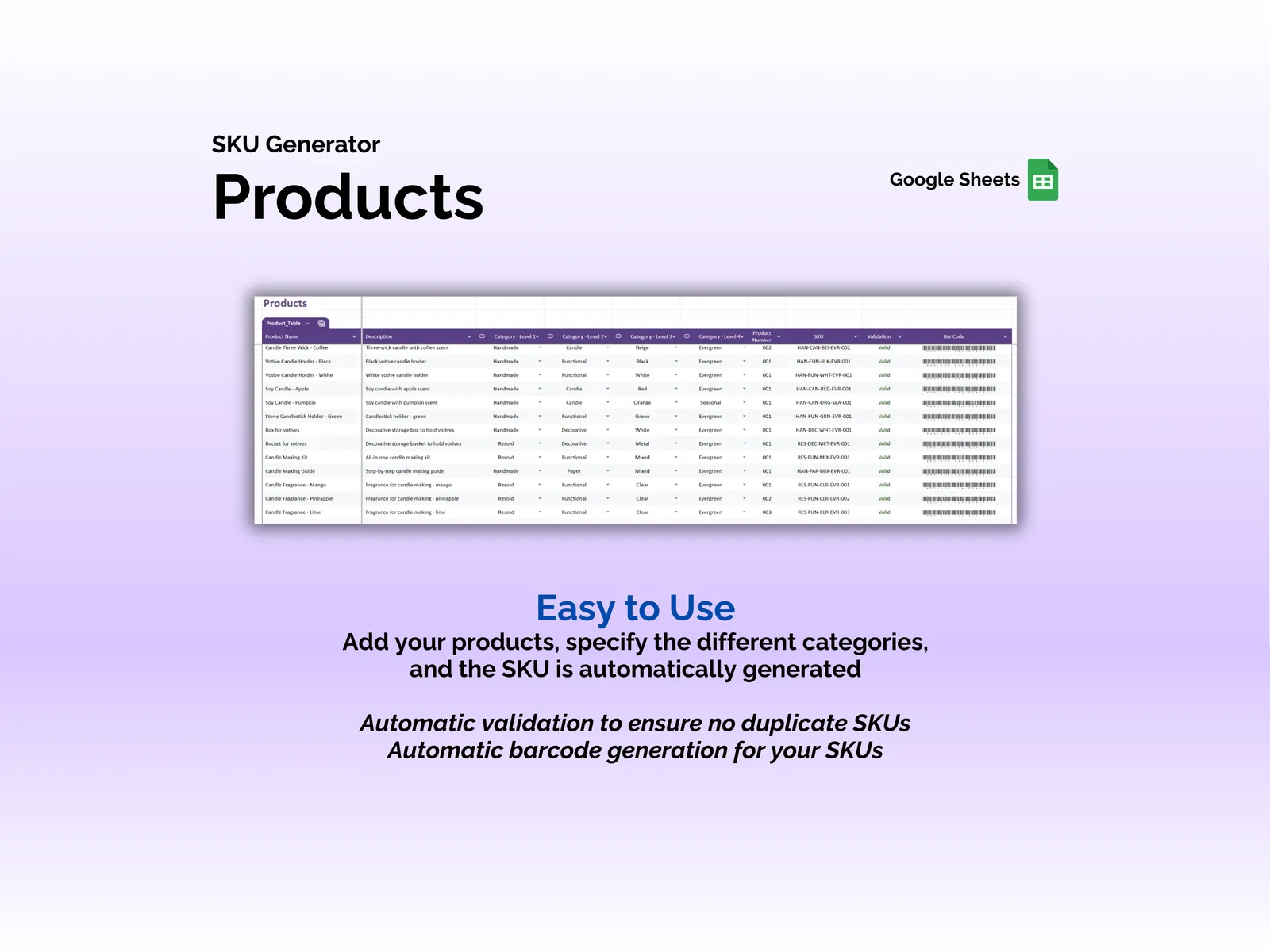 SKU Generator - Sheets - Products