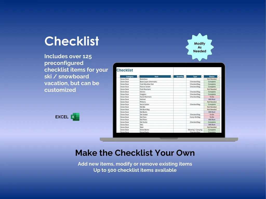 Ski and Snowboard Vacation Checklist - Excel - Over 125 Preconfigured Items