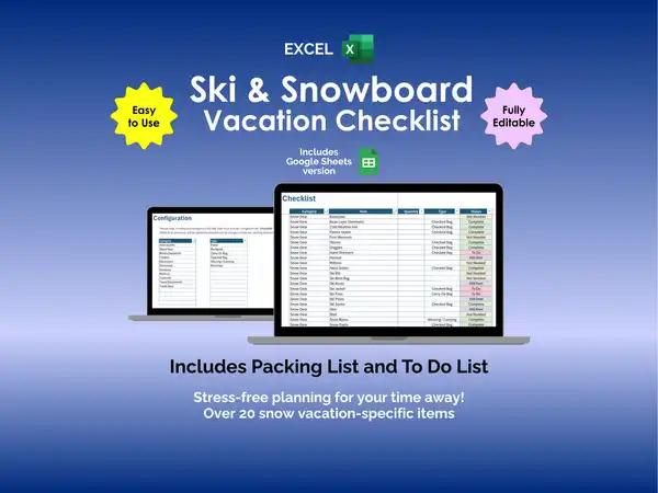 Ski and Snowboard Vacation Checklist - Excel