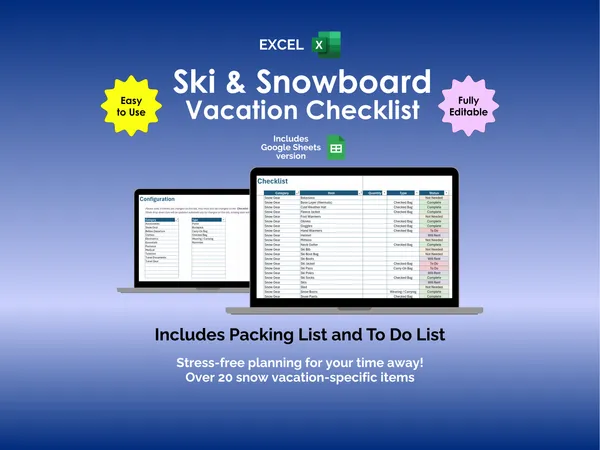 Ski and Snowboard Vacation Checklist - Excel