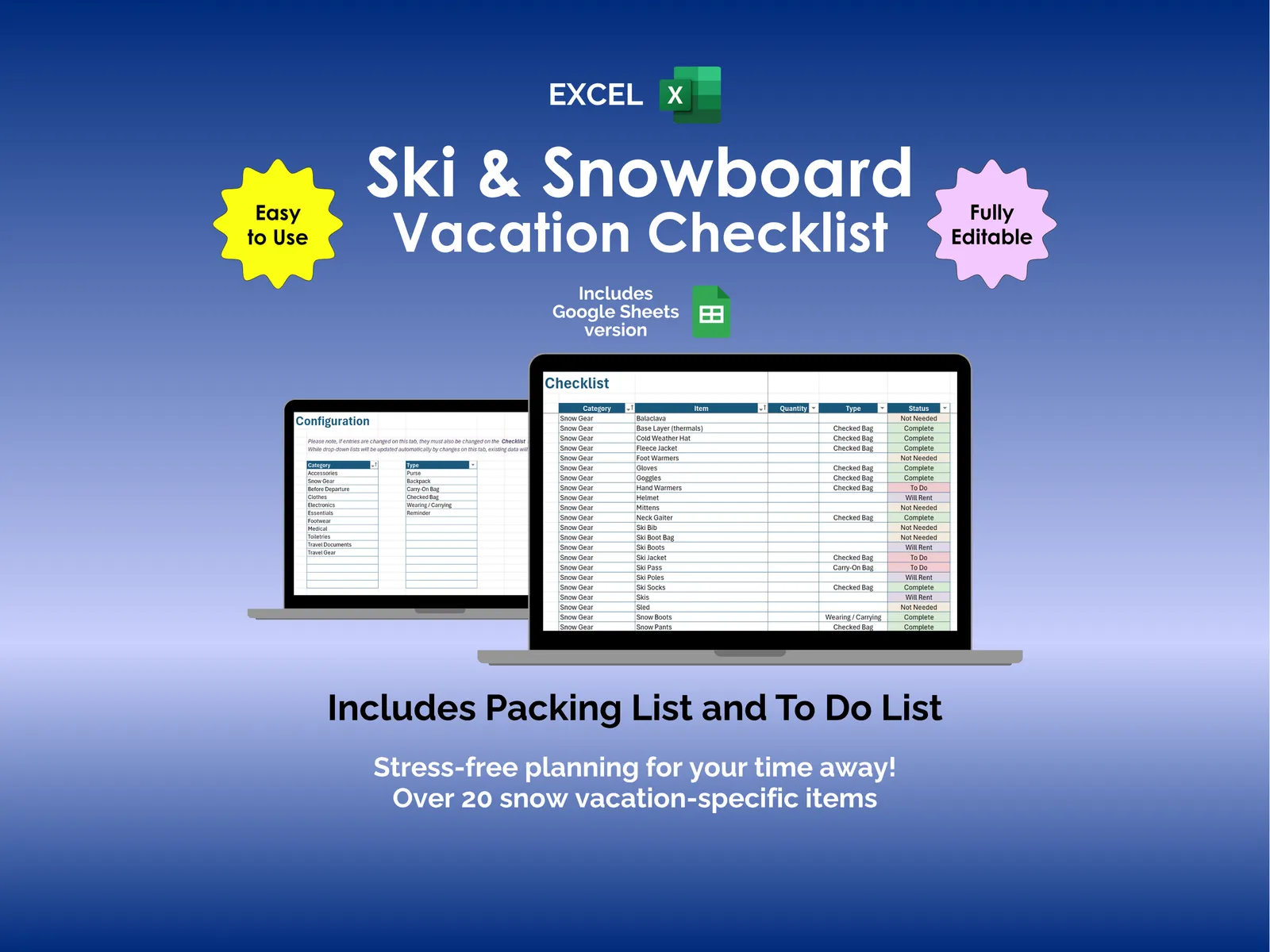 Ski and Snowboard Vacation Checklist - Excel - Packing and To Do List
