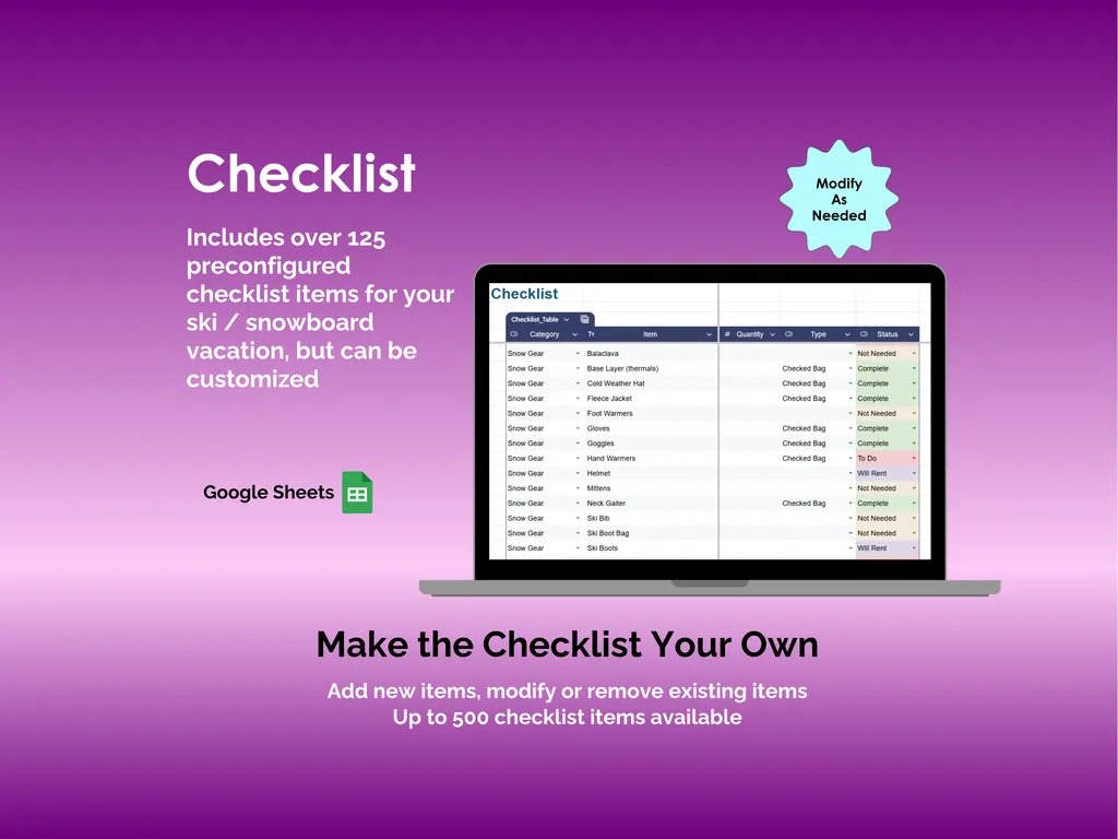 Ski and Snowboard Vacation Checklist - Sheets - Over 125 Preconfigured Items