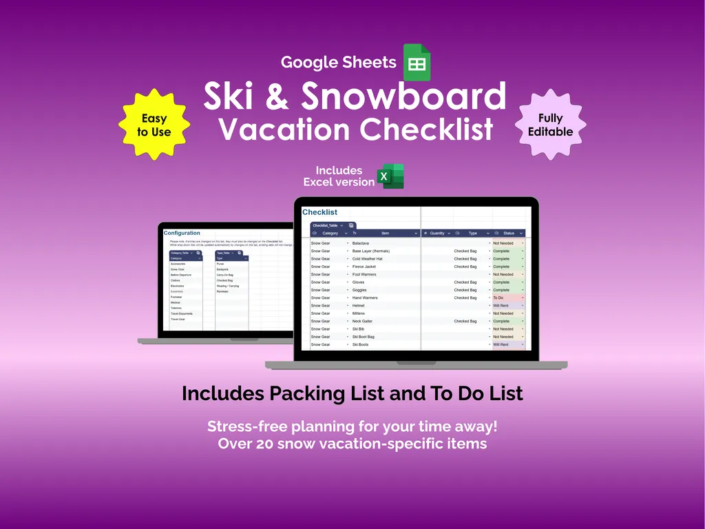 Ski and Snowboard Vacation Checklist - Sheets - Packing and To Do List