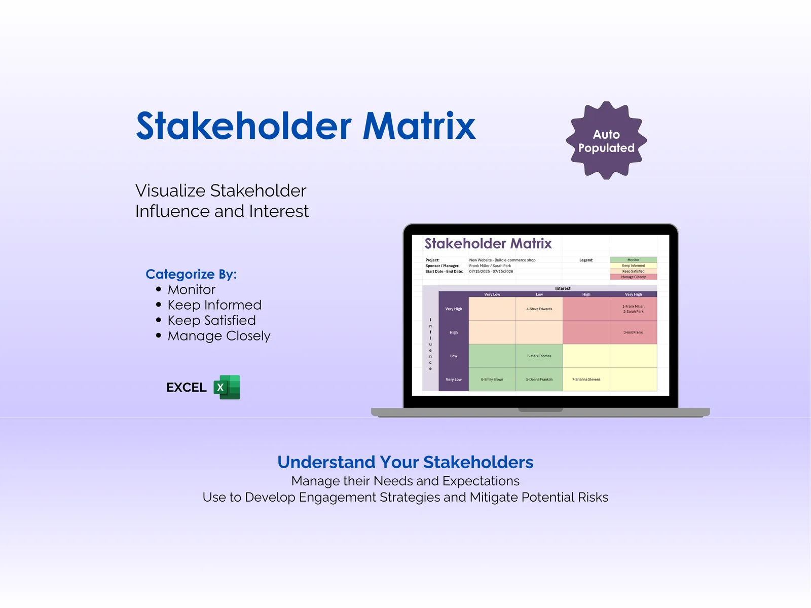 Stakeholder Management Tool - Excel - Stakeholder Matrix - Visualize Stakeholder Influence and Interest - Understand Your Stakeholders - Manage their Needs and Expectations; Use to Develop Engagement Strategies and Mitigate Potential Risks