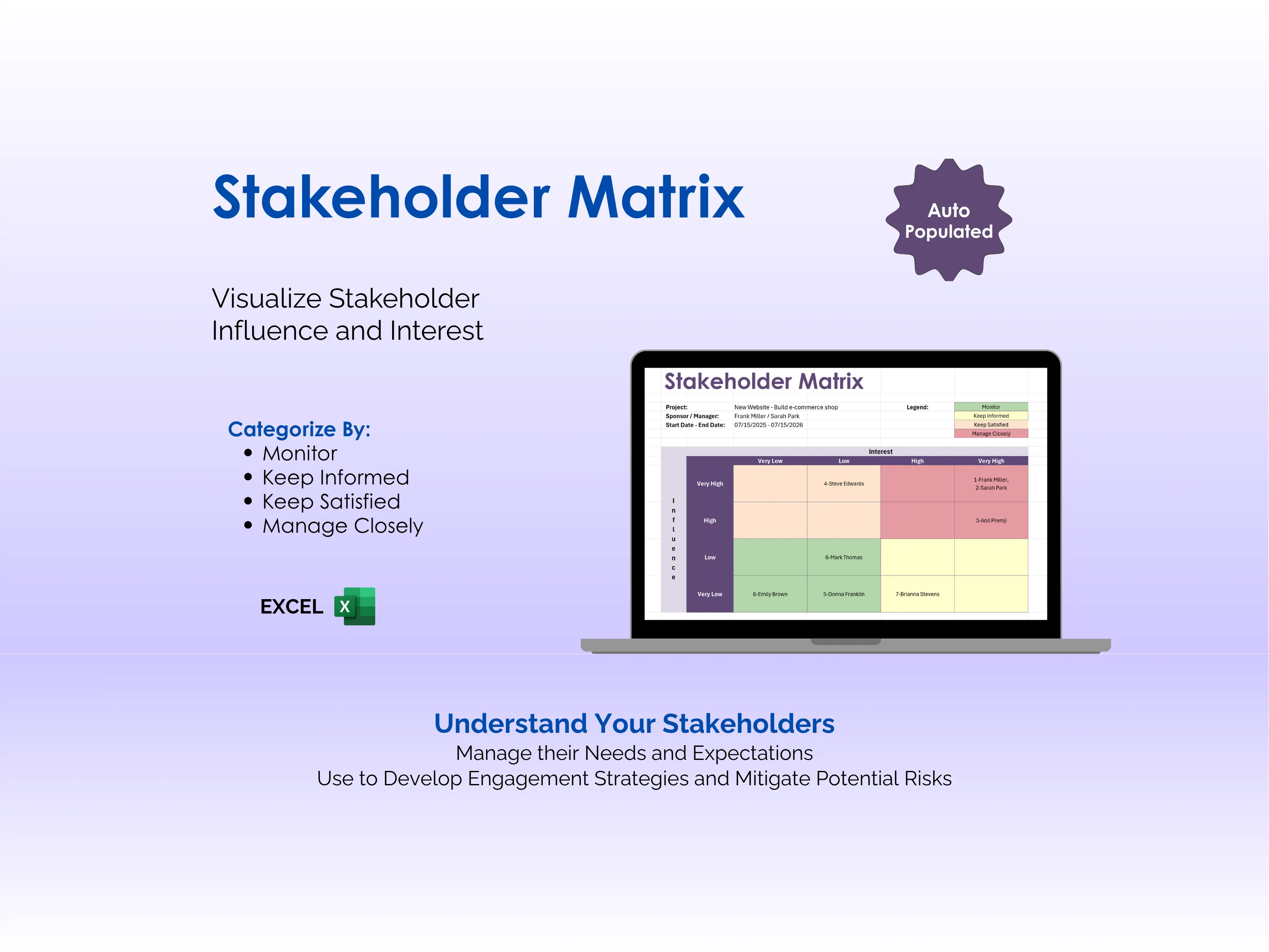 Stakeholder Management Tool - Excel - Stakeholder Matrix - Visualize Stakeholder Influence and Interest - Understand Your Stakeholders - Manage their Needs and Expectations; Use to Develop Engagement Strategies and Mitigate Potential Risks