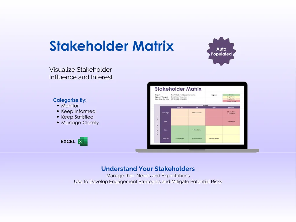 Stakeholder Management Tool - Excel - Stakeholder Matrix - Visualize Stakeholder Influence and Interest - Understand Your Stakeholders - Manage their Needs and Expectations; Use to Develop Engagement Strategies and Mitigate Potential Risks