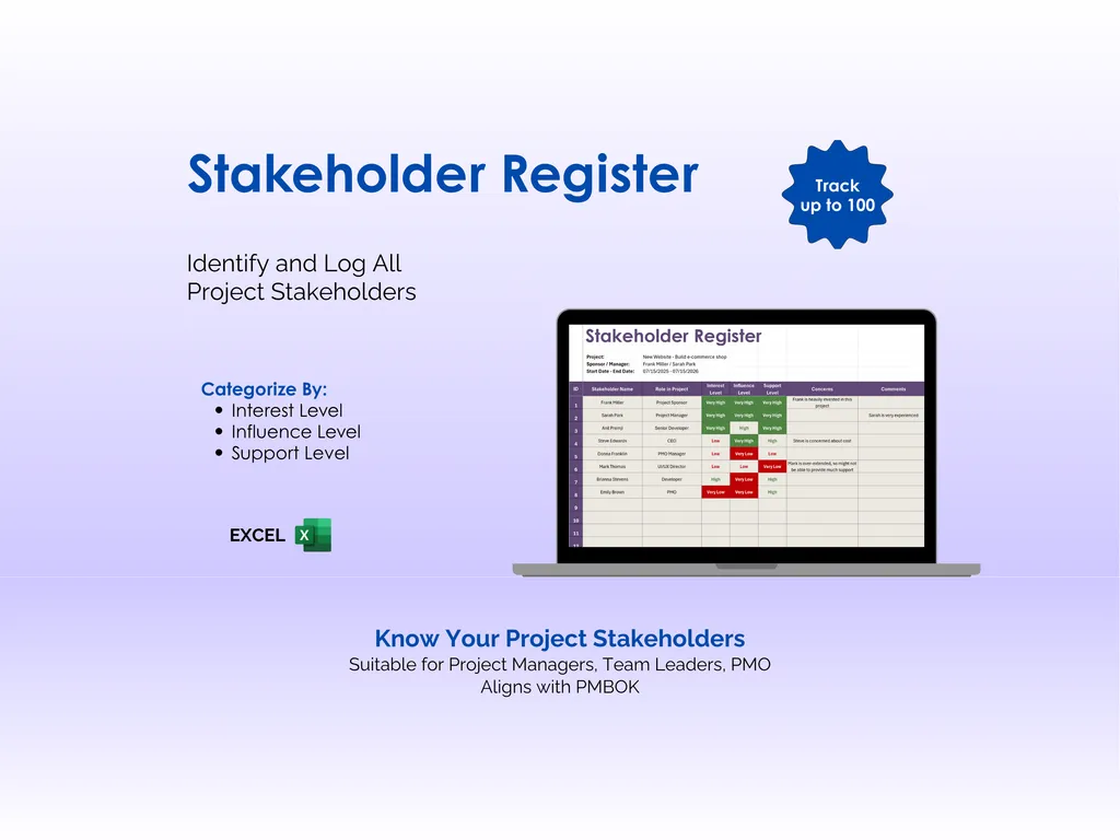 Stakeholder Management Tool - Excel - Stakeholder Register - Identify and Log All Project Stakeholders - Know Your Project Stakeholders - Suitable for Project Managers, Team Leaders, PMO; Aligns with PMBOK