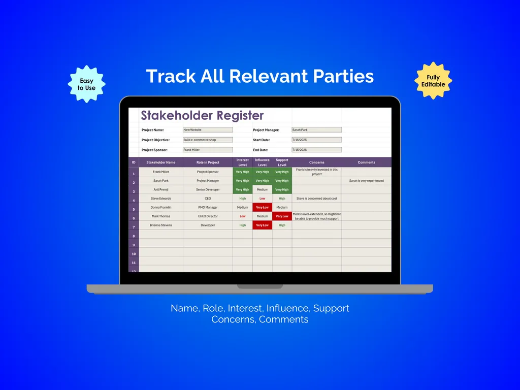 Stakeholder Register - Excel - Register