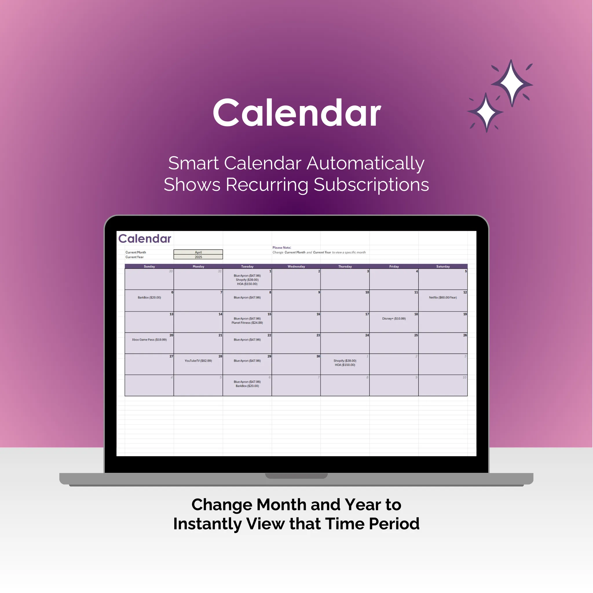 Subcription Tracker - Excel - Calendar