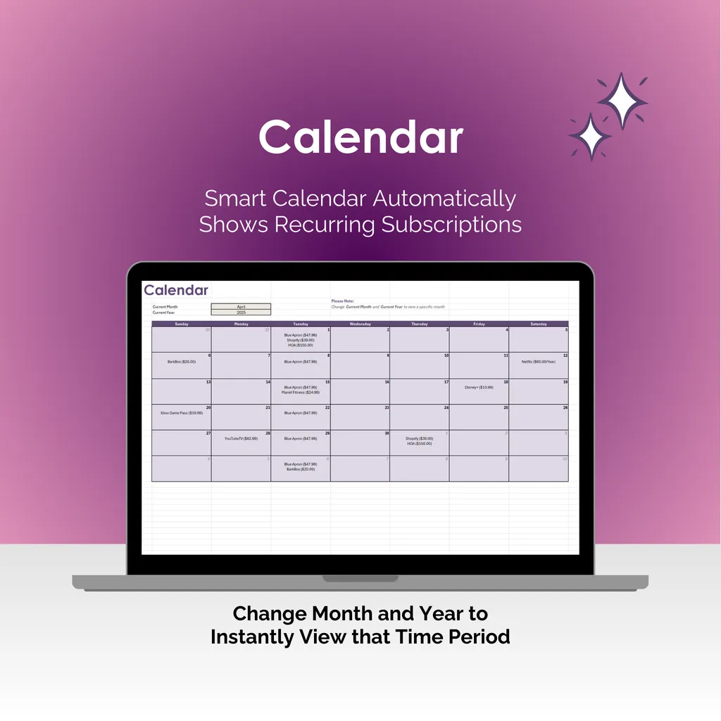 Subcription Tracker - Excel - Calendar