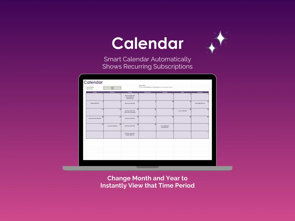 Subcription Tracker - Excel - Calendar