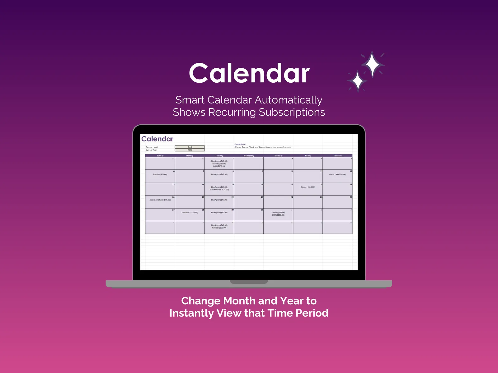 Subcription Tracker - Excel - Calendar