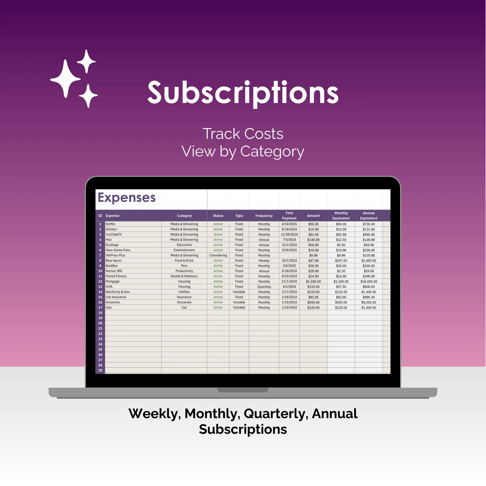 Subcription Tracker - Excel - Subscriptions