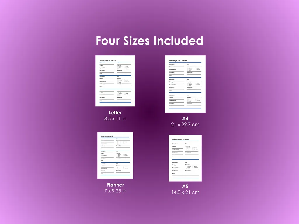 Subcription Tracker - PDF - Sizes