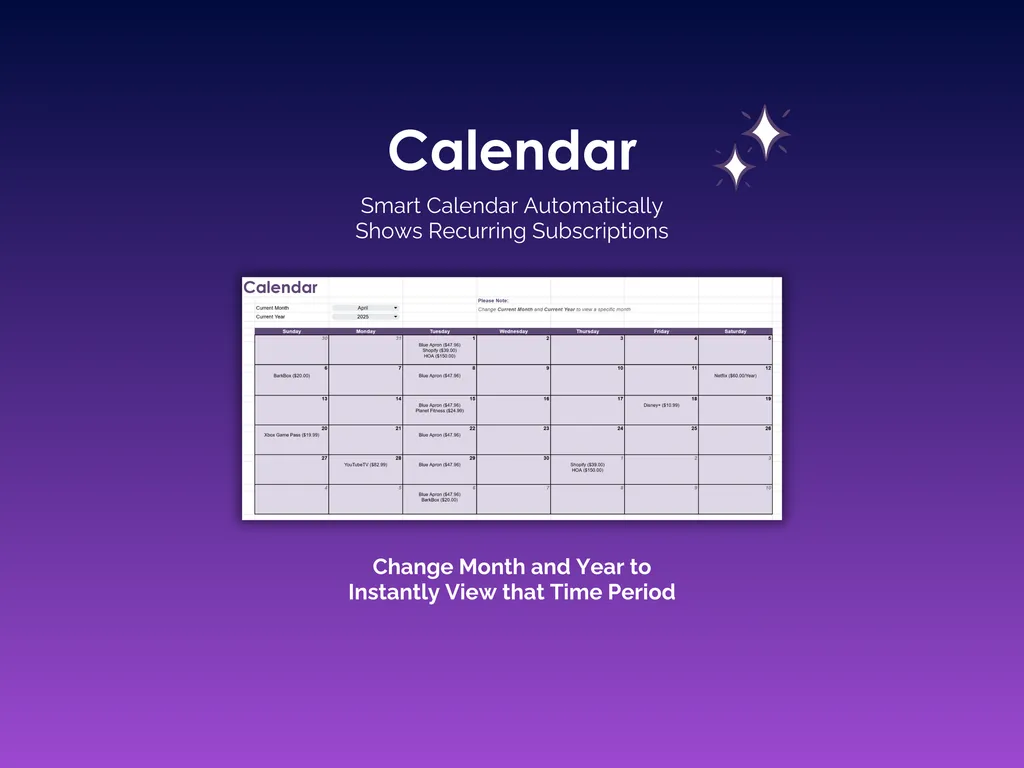 Subcription Tracker - Sheets - Calendar