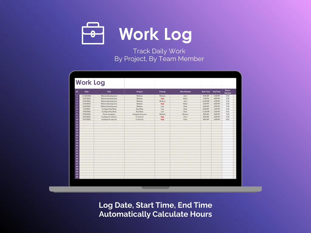 Time Tracker - Excel - Work Log