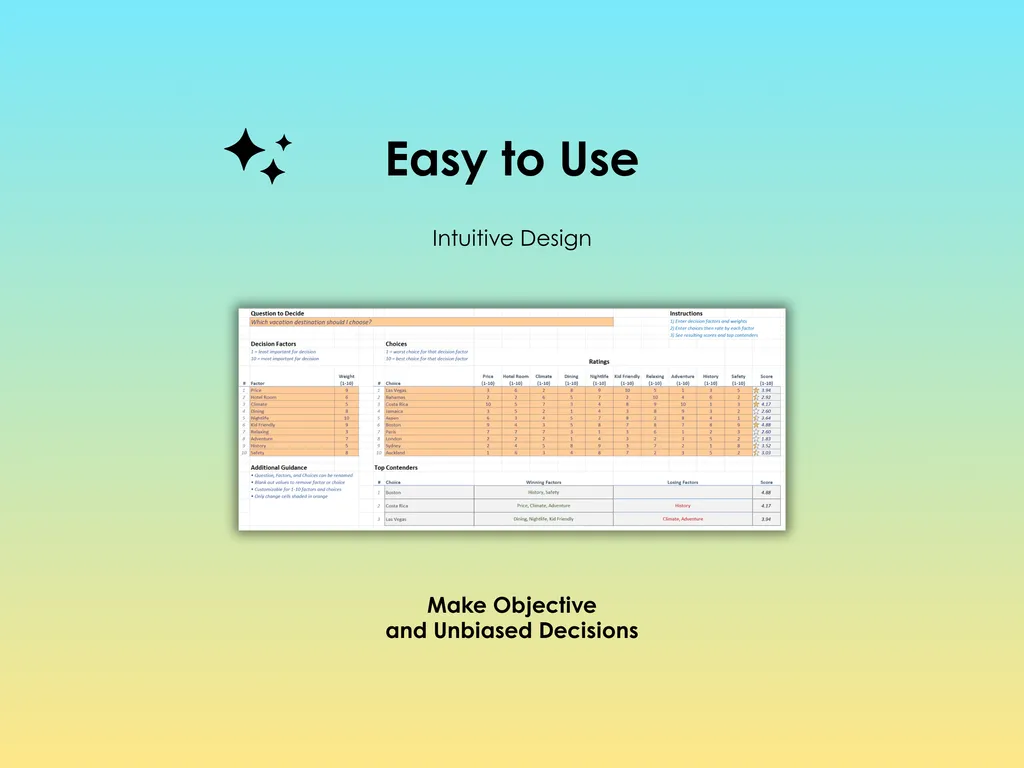 Vacation Decision Helper - Excel - Easy to use, Intuitive design; Make objective and unbiased decisions about your vacation choice