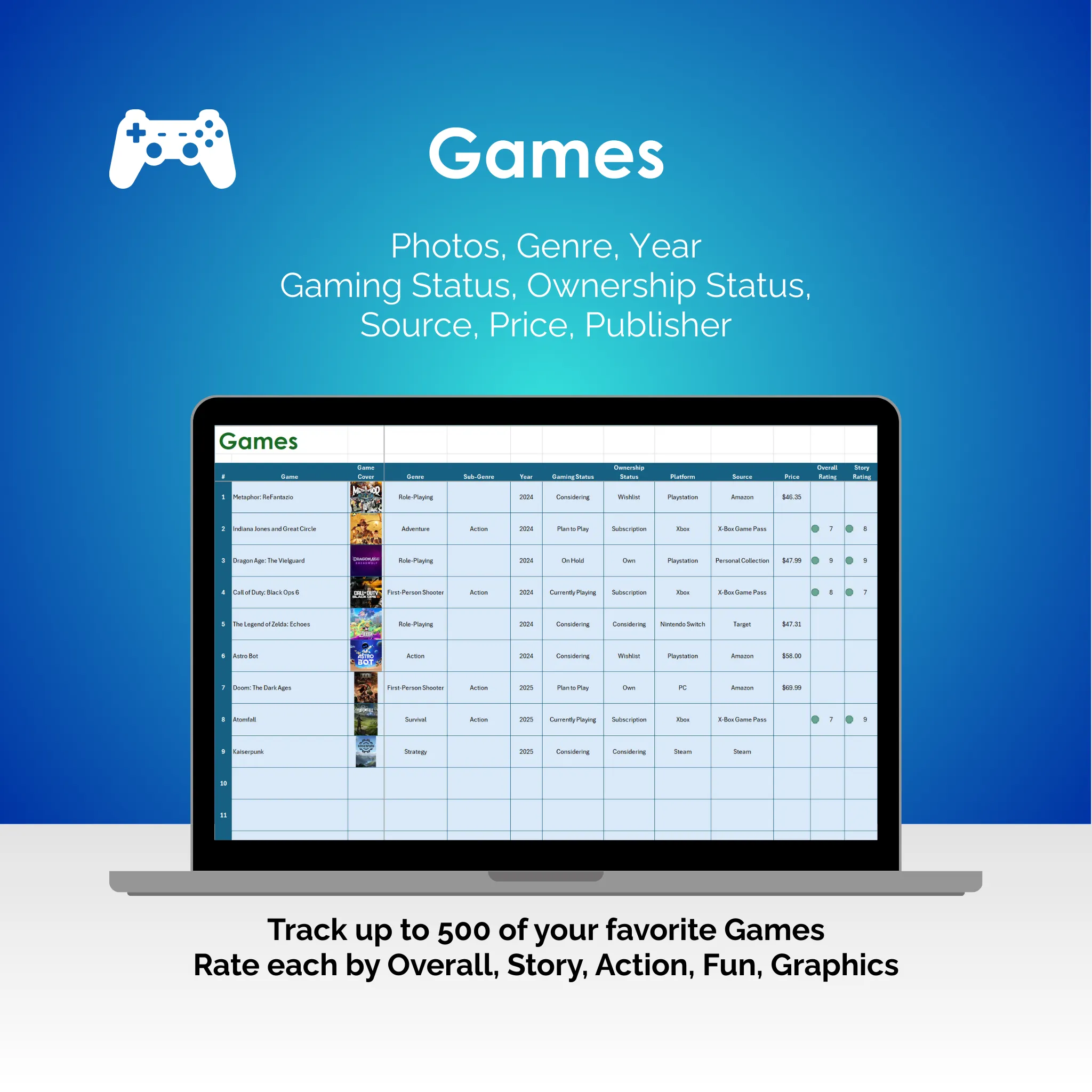 Video Game Tracker - Excel - Games