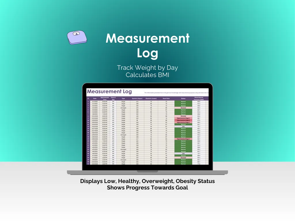Weight Tracker - Excel - Measurement Log