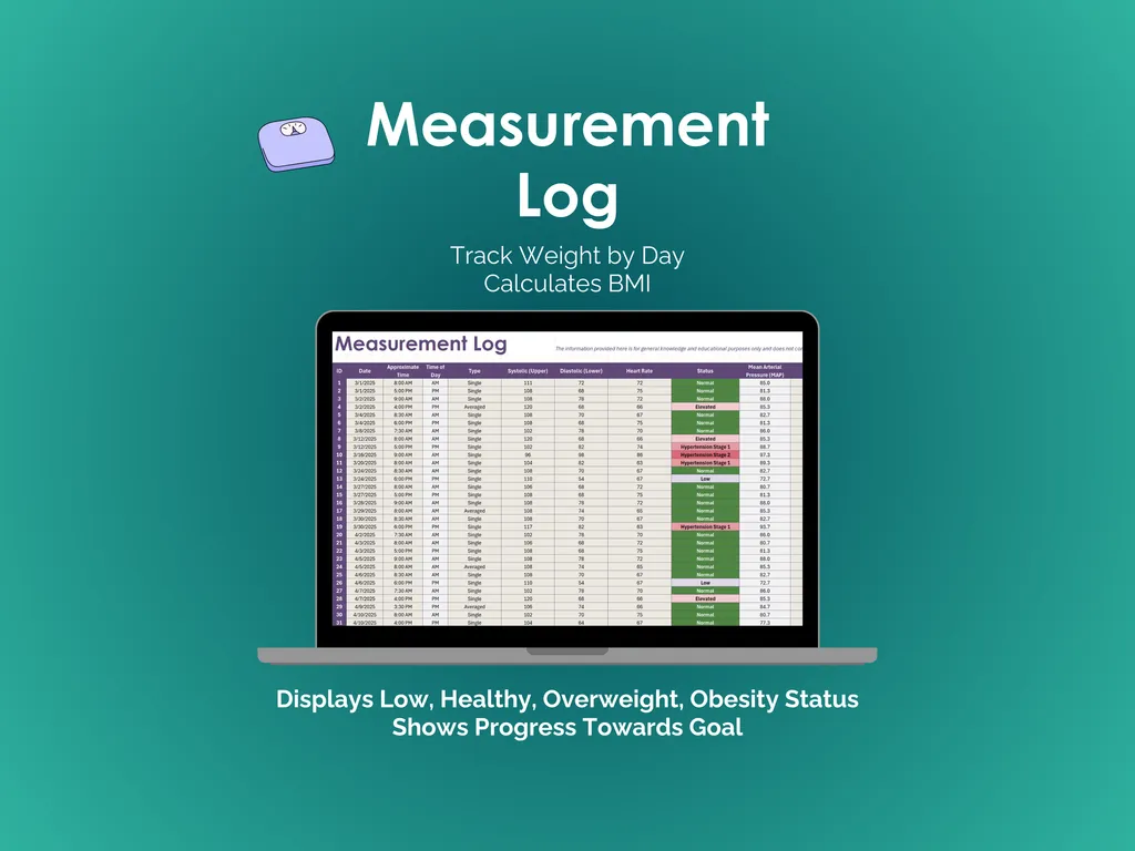 Weight Tracker - Excel - Measurement Log