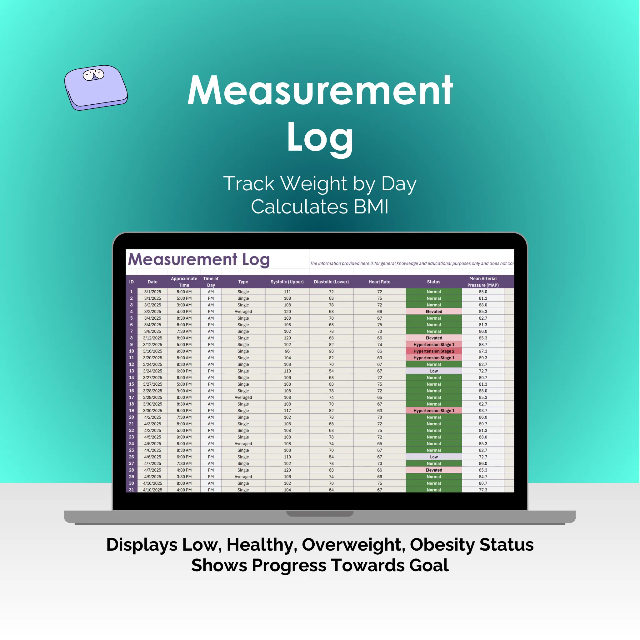 Weight Tracker - Excel - Measurement Log