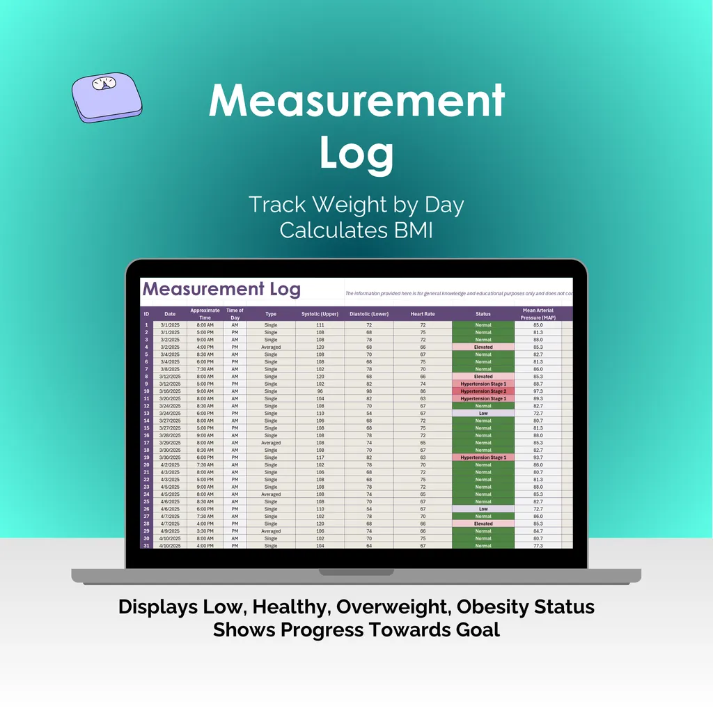Weight Tracker - Excel - Measurement Log