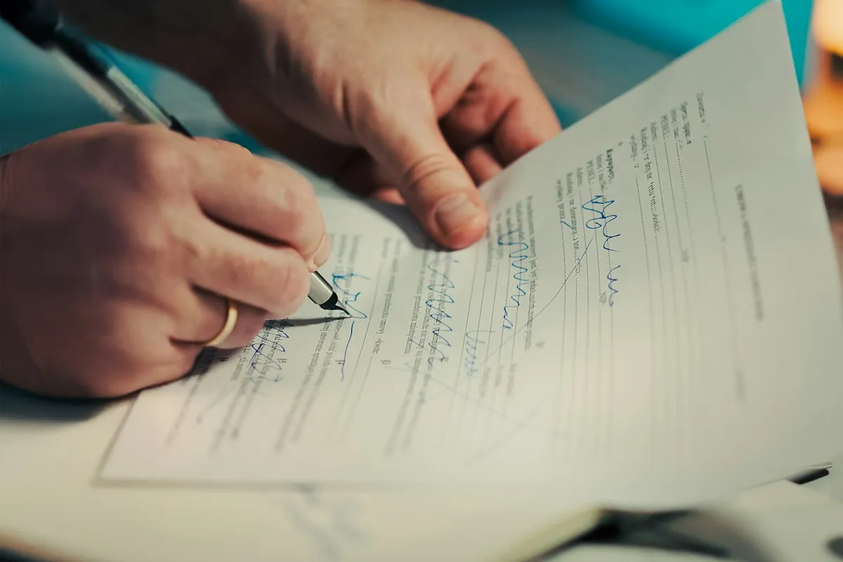 Close-up of two hands at a desk, one holding a pen to a printed form and the other steadying the page, with lines of blue handwritten ink running across the text