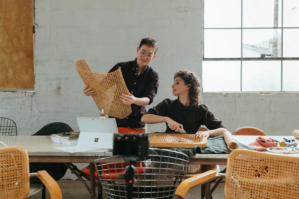 Two people in a bright industrial craft studio examining a handwoven rattan cane panel together at a worktable, with a tablet, hand tools, and a camera on a tripod nearby