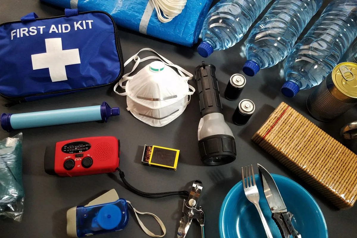 Emergency supplies laid out on a dark gray surface: a blue first aid kit, bottled water, a flashlight with batteries, a dust mask, a red hand-crank radio, matches, crackers, a can and a bowl with cutlery